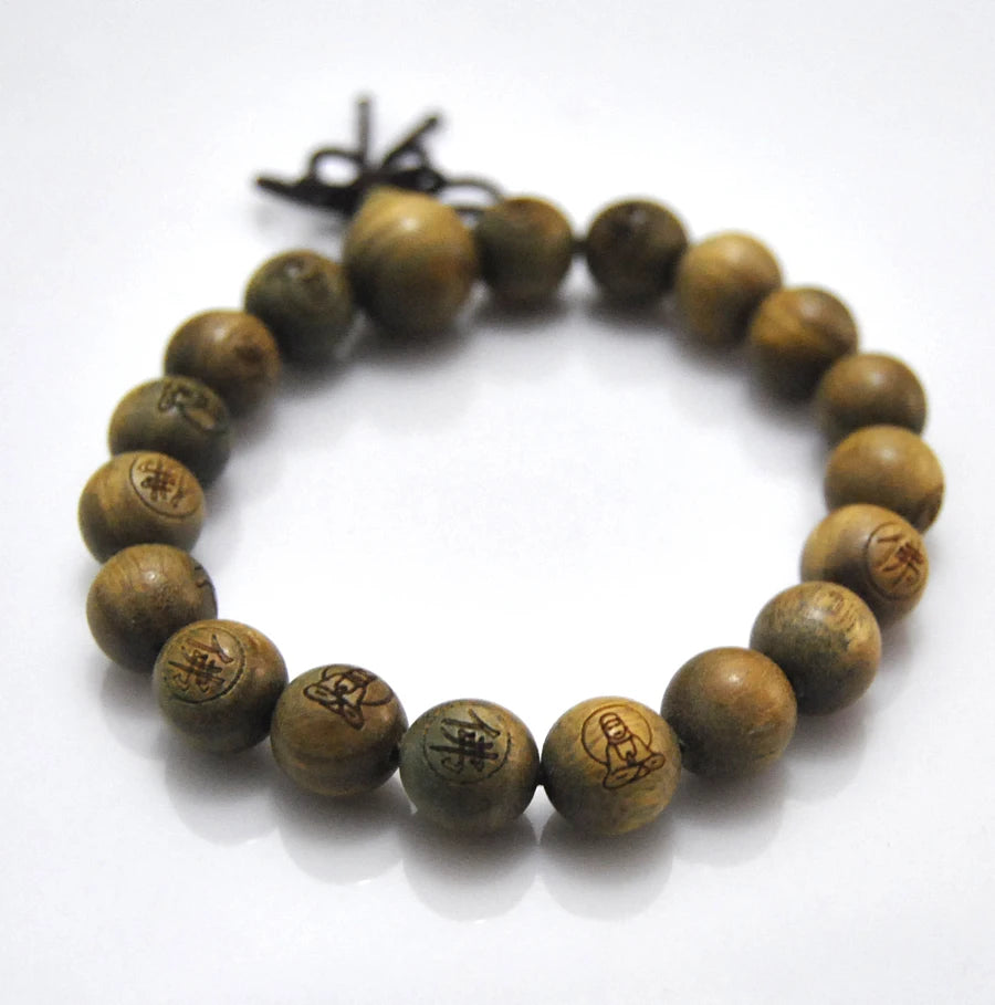 Tibetan Carved Guanyin Green Sandalwood Bracelet