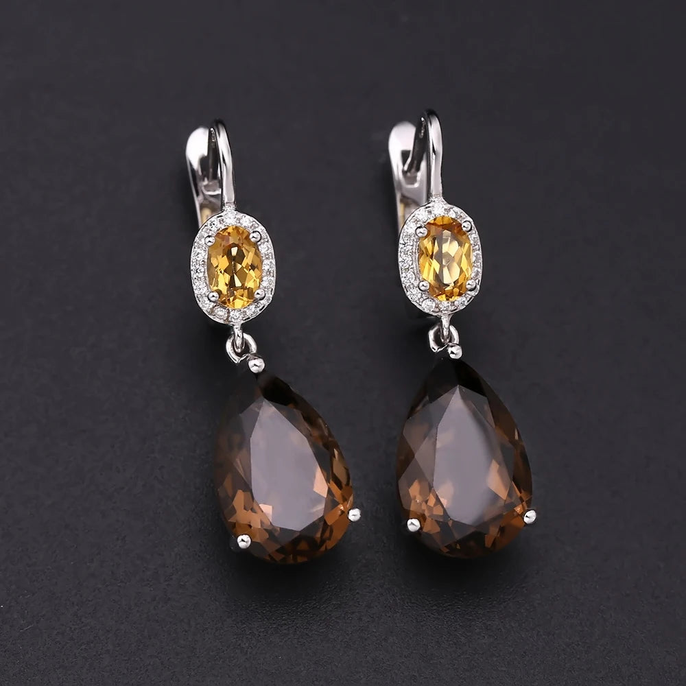 Smoky Quartz Yellow Citrine Drop Earrings