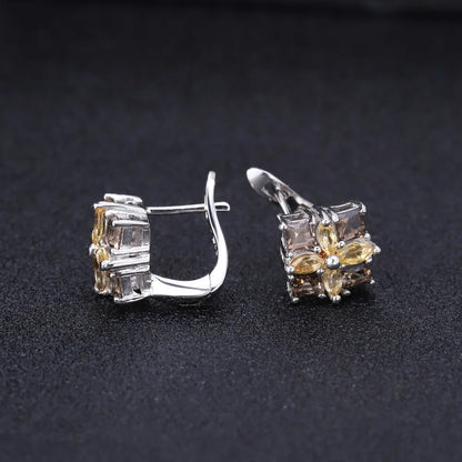 Citrine Smoky Quartz Sterling Silver Flower Stud Earrings