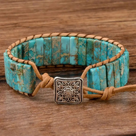 Natural Gem and Leather Tibetan Adjustable Bracelet