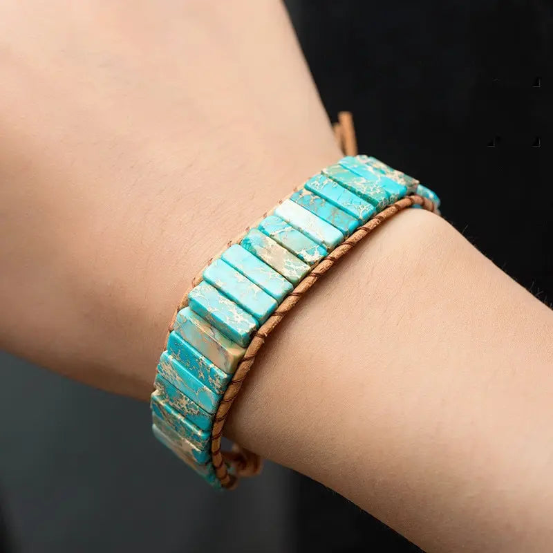 Natural Gem and Leather Tibetan Adjustable Bracelet