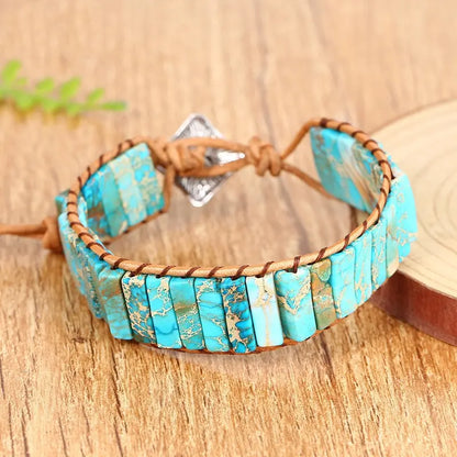 Natural Gem and Leather Tibetan Adjustable Bracelet